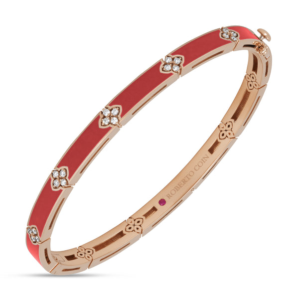 BRACCIALE RIGIDO LOVE IN VERONA CON SMALTO CERAMICO CORALLO E DIAMANTI
