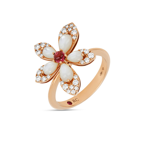 ANELLO TIARÉ CON MADREPERLA, RUBELLITE E DIAMANTI
