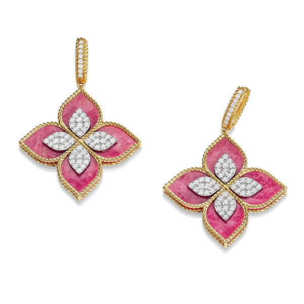 PRINCESS FLOWER EARRINGS WITH DIAMONDS AND RHODONITE