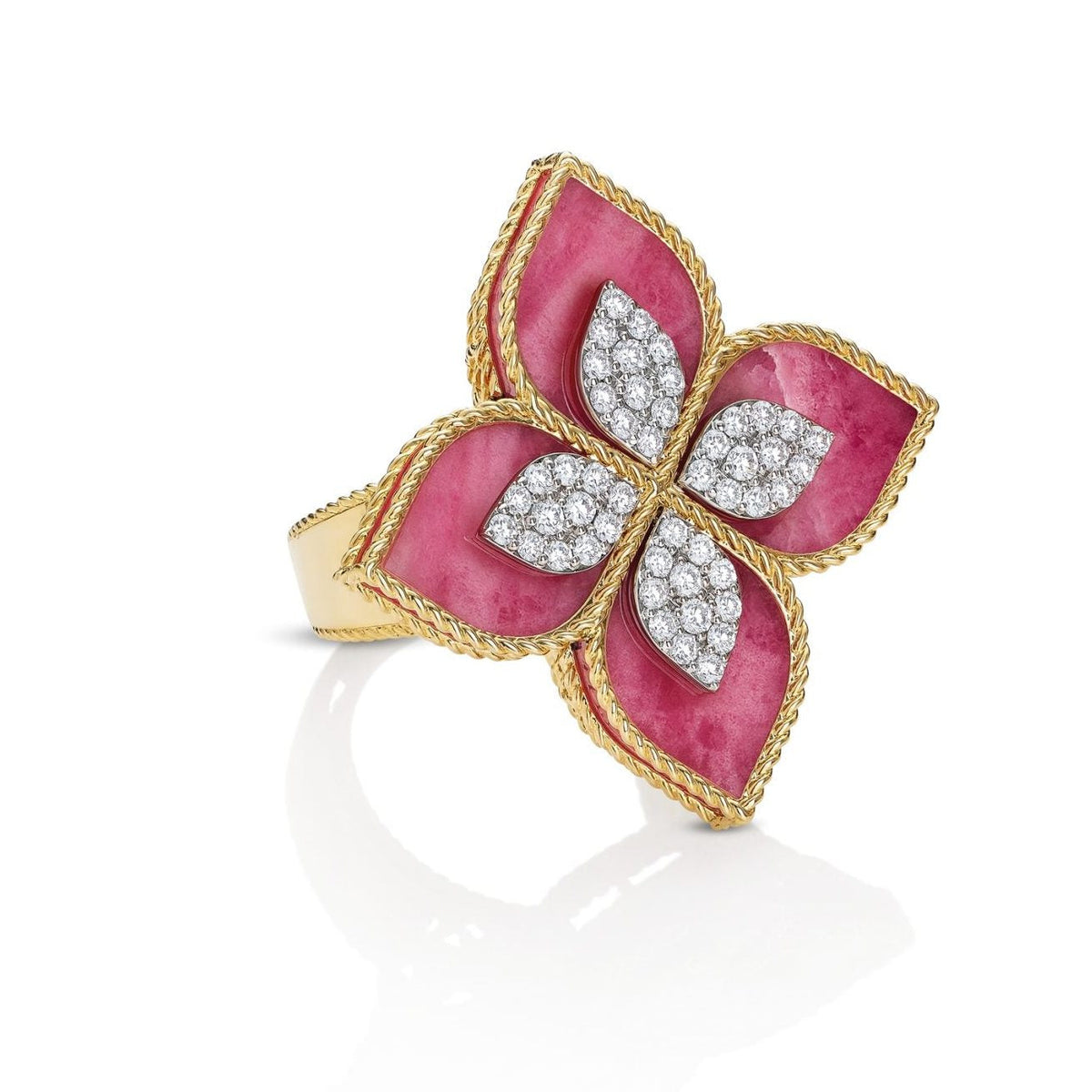 PRINCESS FLOWER RING WITH DIAMONDS AND RHODONITE