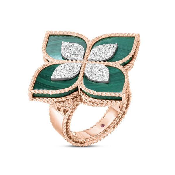 ANELLO PRINCESS FLOWER CON DIAMANTI E MALACHITE